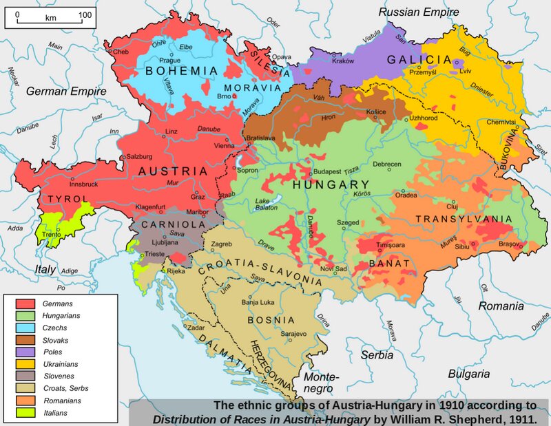 Этническая карта Австро-Венгрии по состоянию на 1910 г.